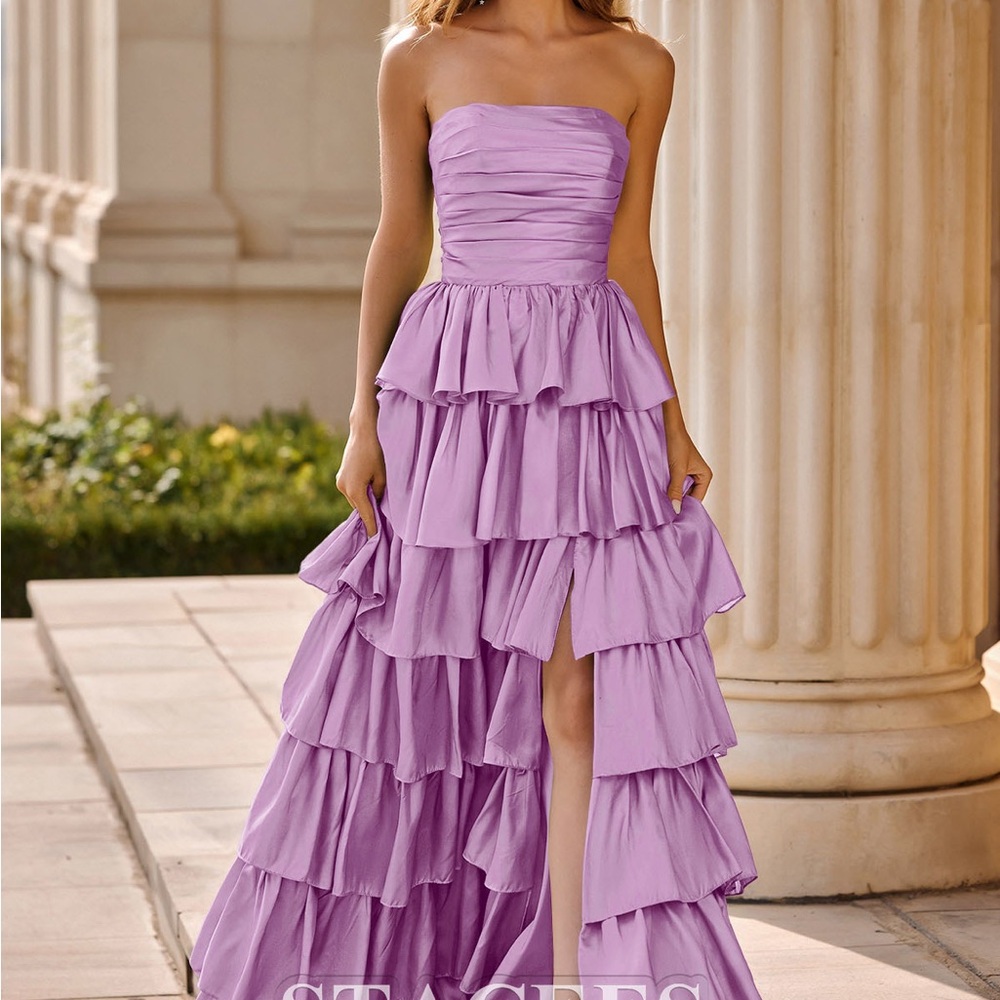 Stacees Strapless Lavender Ruffle Dress